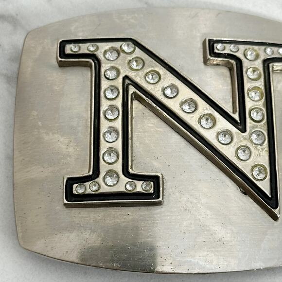Rhinestone Studded N Letter Initial Monogram Silver Tone Belt Buckle - Picture 9 of 14